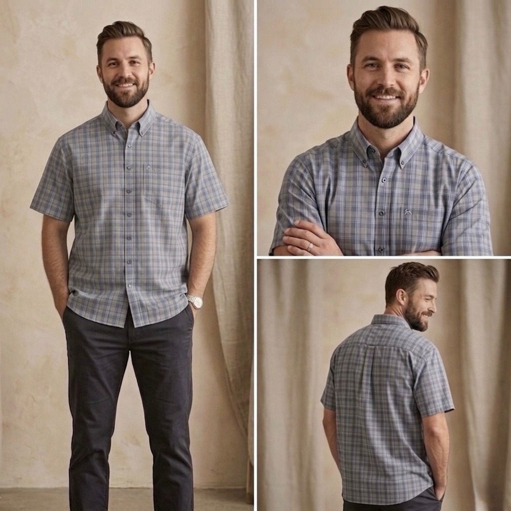 Cinch Mens Large Button Down Shirt Gray‎ Plaid Western Short Sleeve MTW1704153